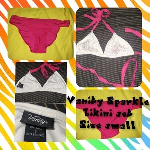 Vanity bikini top sz small white sparkle beaded Matching Pink Bikini Bottom